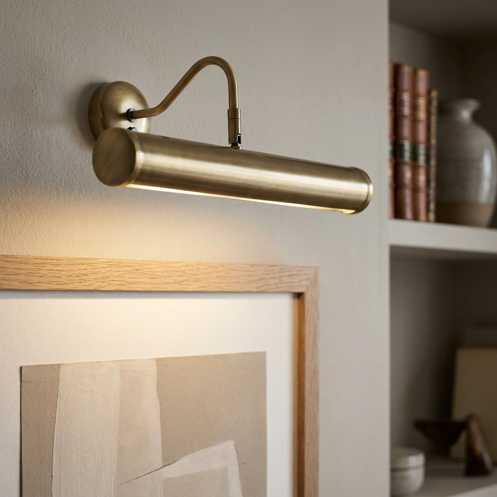 Antique brass picture light illuminating a framed piece of abstract art on a neutral wall.