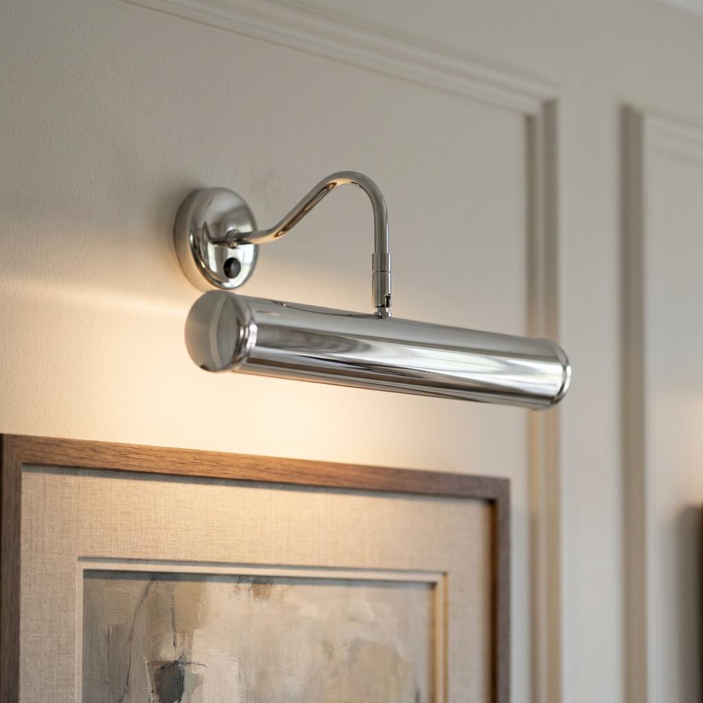 Antique chrome picture light with a curved arm mounted on a neutral wall above framed artwork.