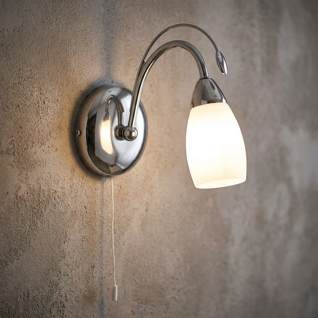 Antwerp 1 Light Antique Chrome Wall Light with frosted glass shade and pull cord on a textured wall.