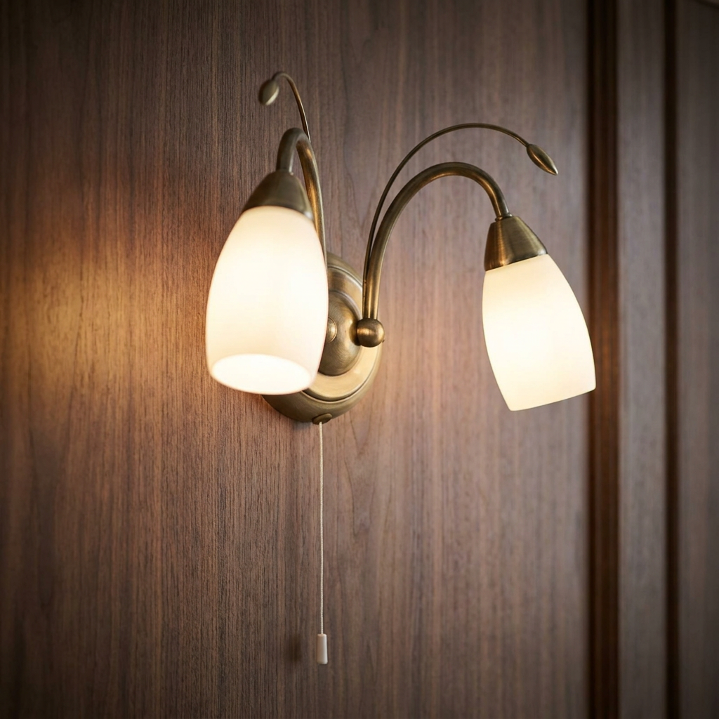 Two-light antique brass wall fixture with frosted glass shades and a pull cord, mounted on a wood-paneled wall.