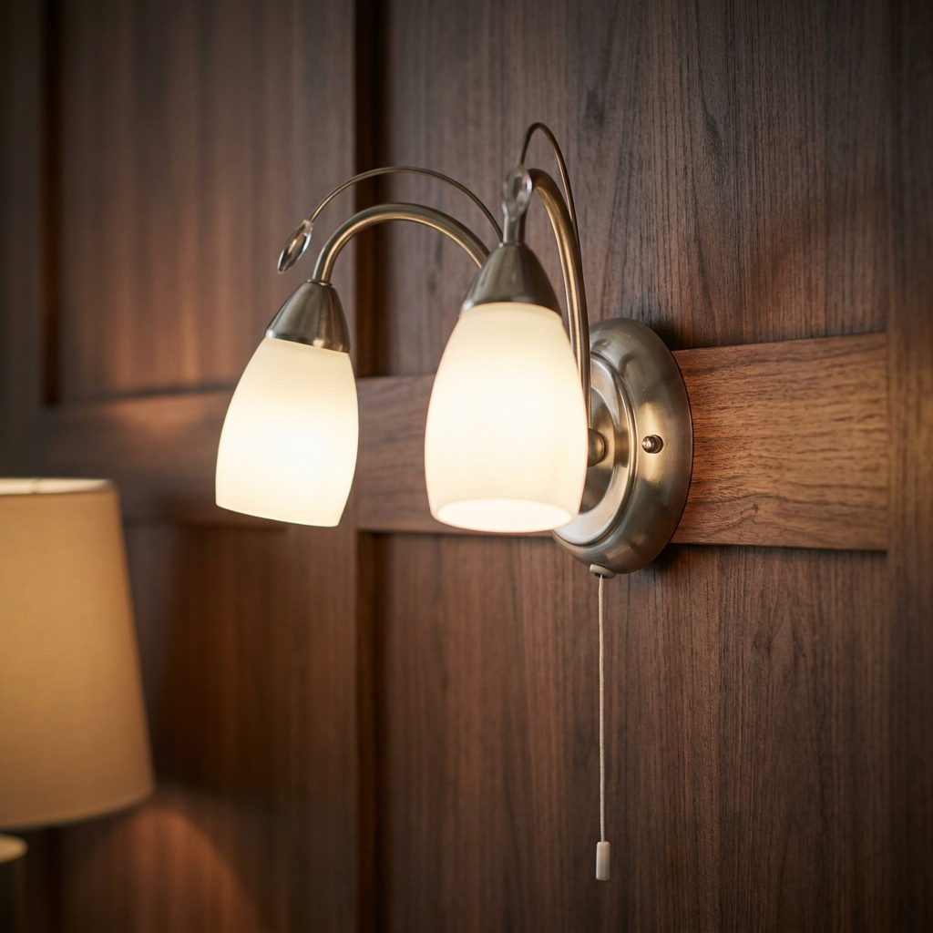 Two-light antique chrome wall sconce with frosted glass shades illuminated against dark wood paneling.