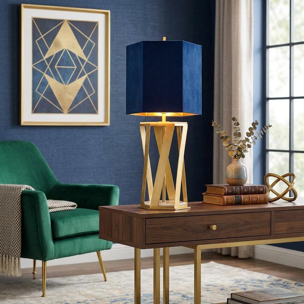Modern Apollo table lamp with a geometric brass base and navy hexagonal shade on a wooden desk in a blue room.