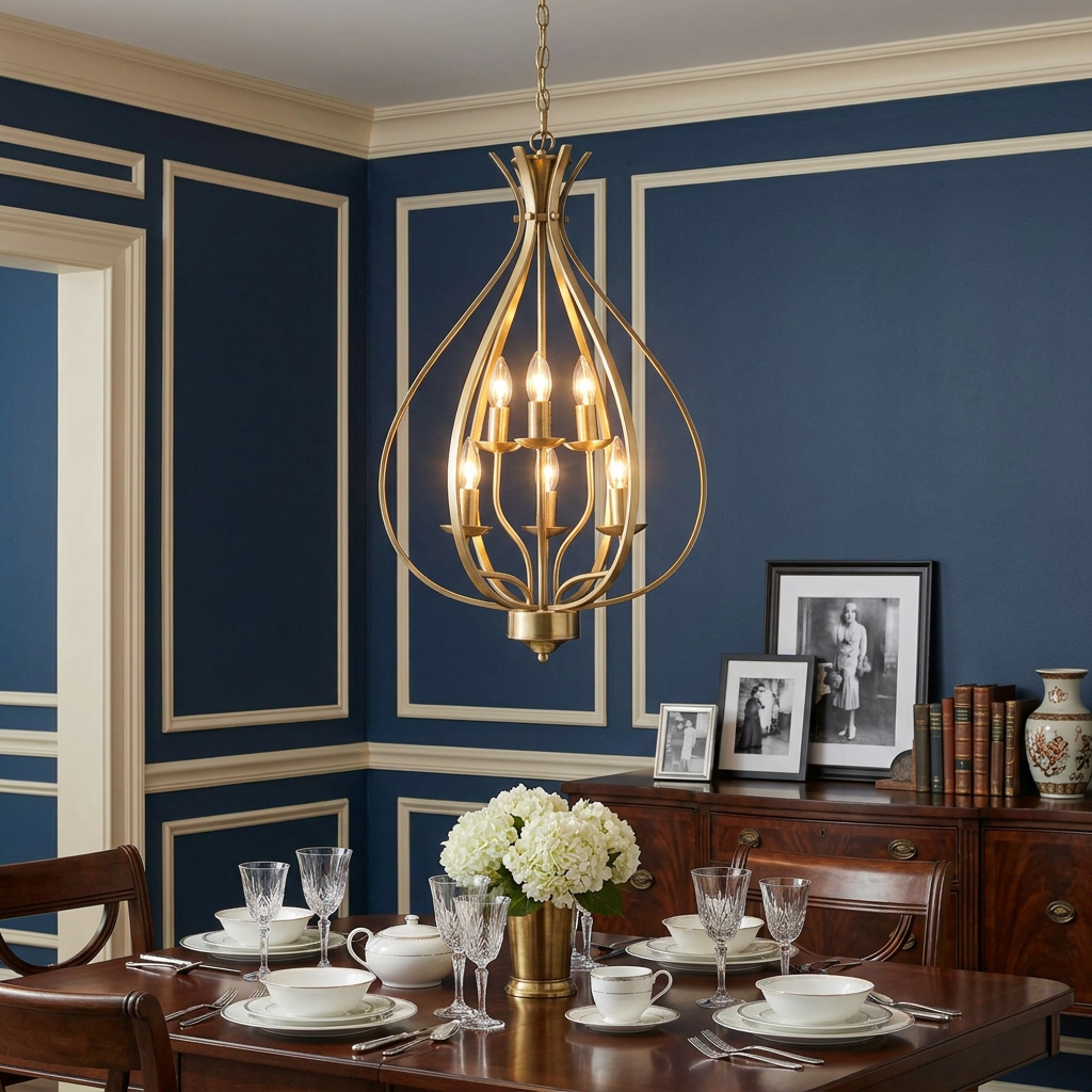 Araba 6 light antique brass teardrop pendant ceiling light hanging above a set dining table in a blue-walled room.