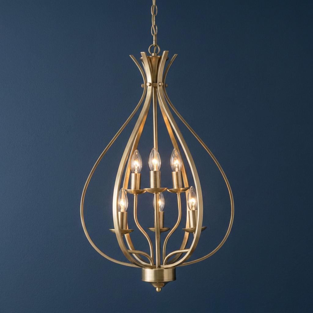 Araba antique brass 6-light pendant ceiling light featuring a teardrop-shaped cage against a dark blue background.