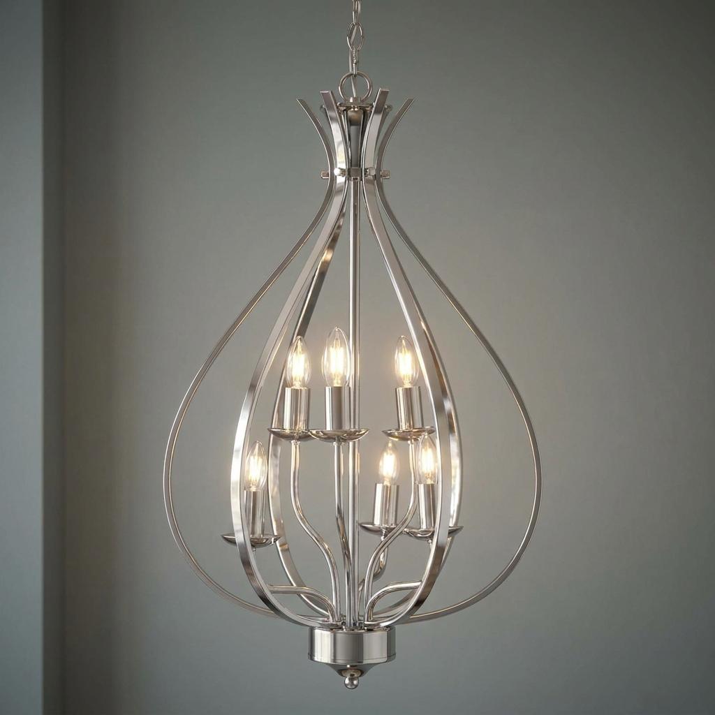 Araba 6-light chrome pendant ceiling light with a teardrop-shaped metal frame and candle-style bulbs.