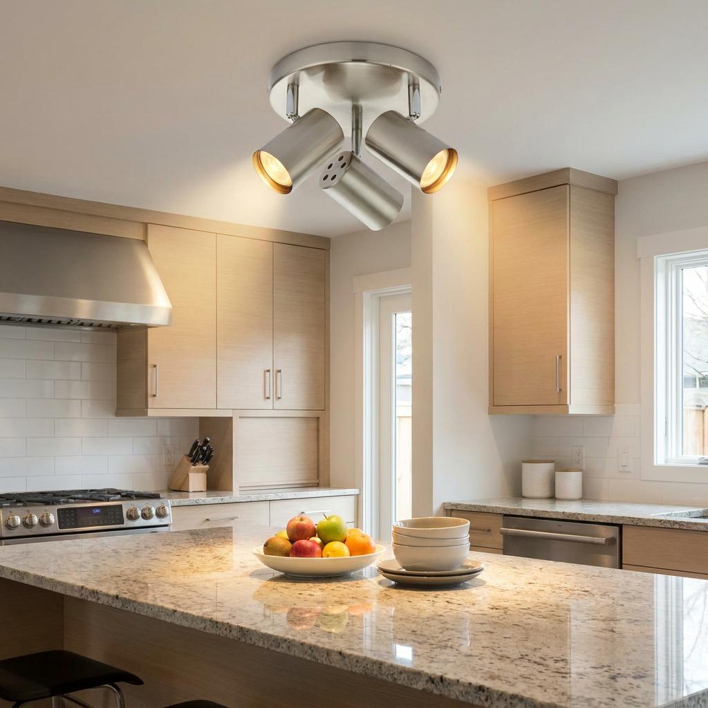 Arezzo 3 light satin chrome spotlight on a kitchen ceiling illuminating a granite island.