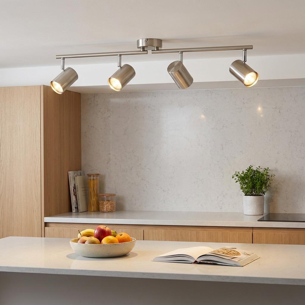 Arezzo 4 Light Chrome Bar Spotlight mounted on a ceiling above a modern kitchen island with fruit and a cookbook.