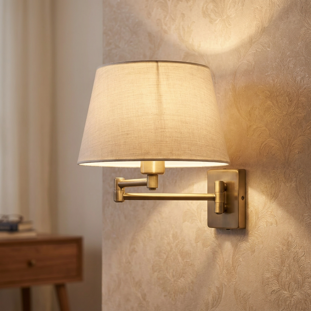 An antique brass swing arm wall light with a cream fabric shade, mounted on a patterned cream wallpaper.