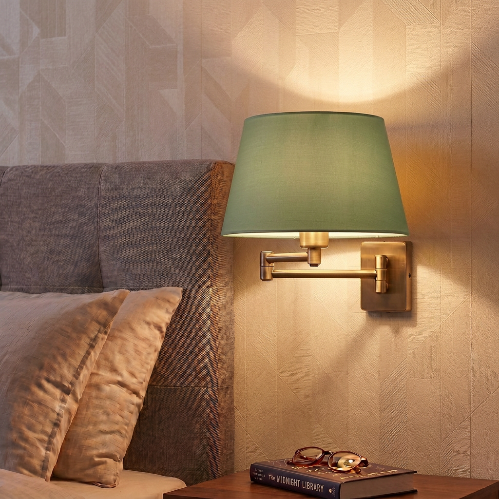 Armada antique brass wall light with a green fabric shade mounted beside a grey upholstered headboard.