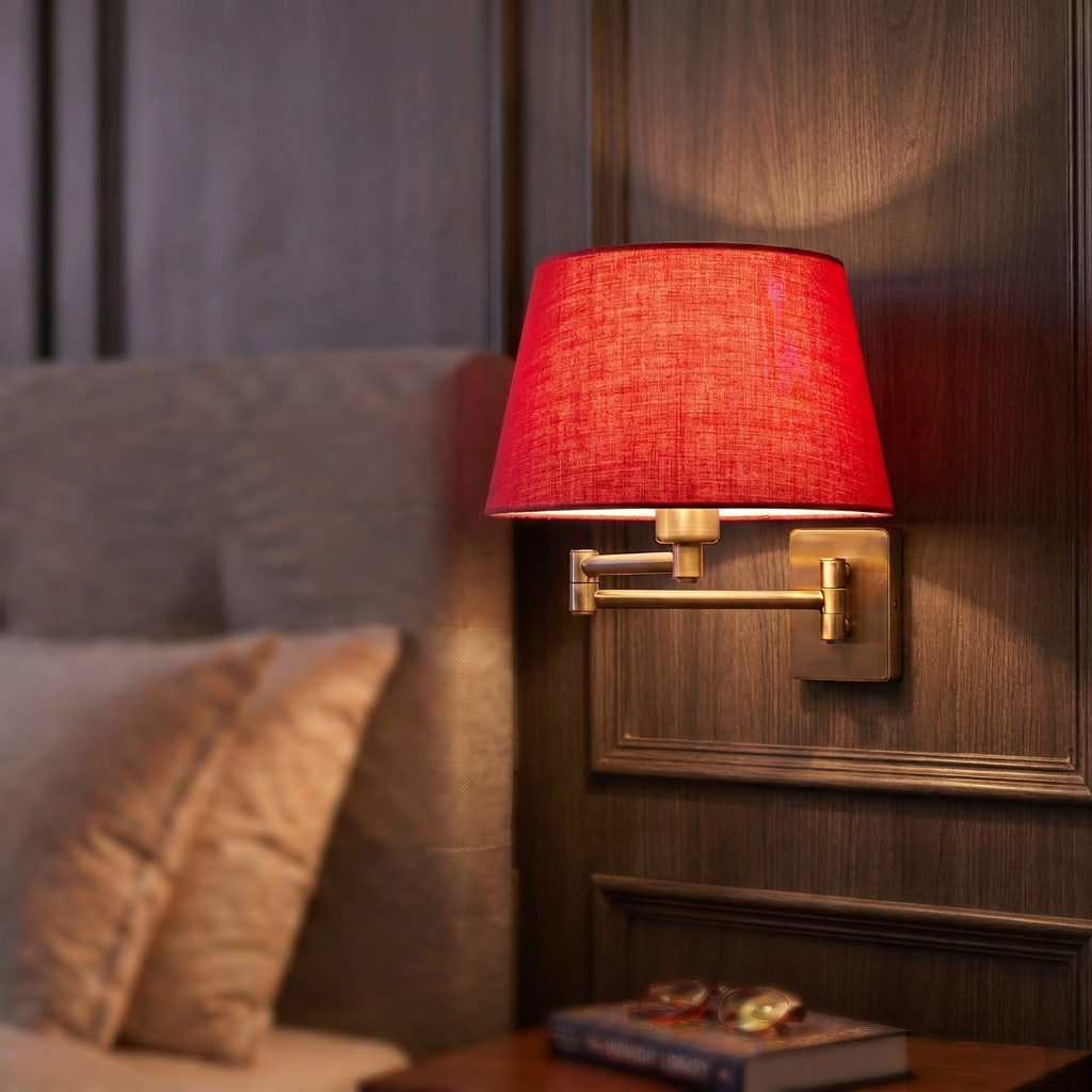Armada antique brass wall light with a vibrant red fabric shade mounted on a dark wood panelled wall.
