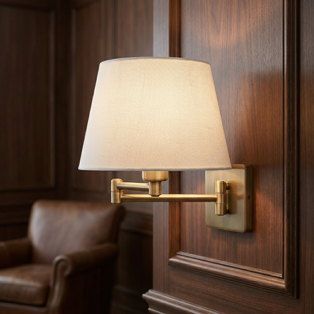 Armada antique brass wall light with a white fabric shade mounted on a dark wood panelled wall.