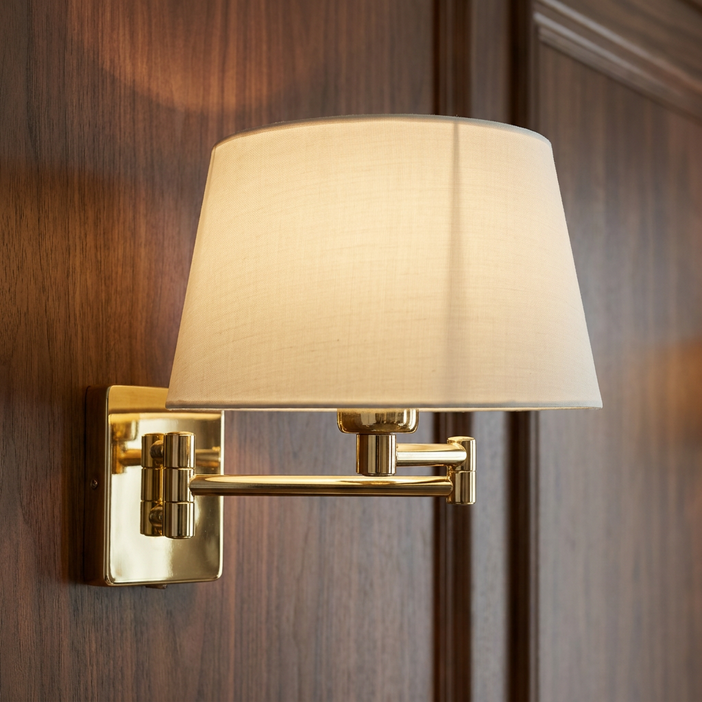 Polished brass double swing arm wall light with a lit cream fabric shade mounted on dark wood paneling.