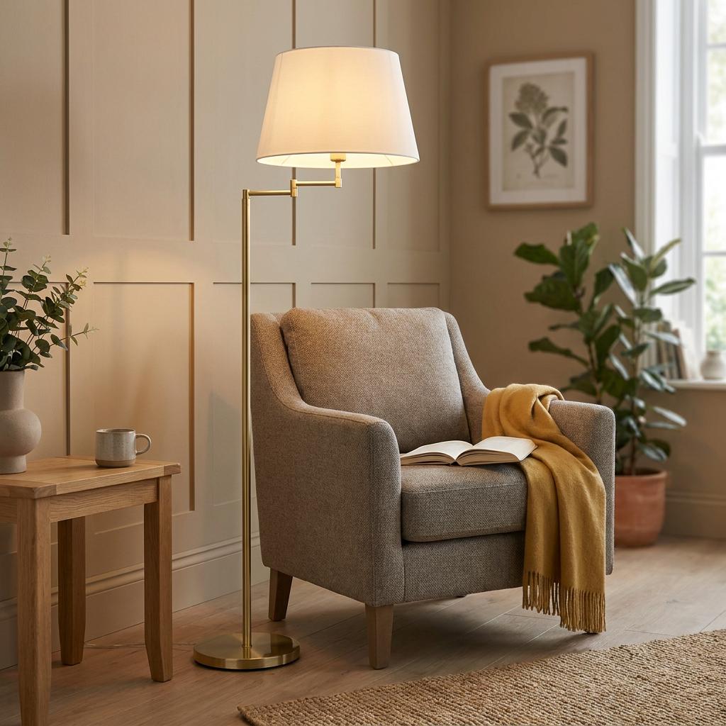 Polished brass floor lamp with a white drum shade illuminating a cozy grey armchair in a neutral-toned living room.