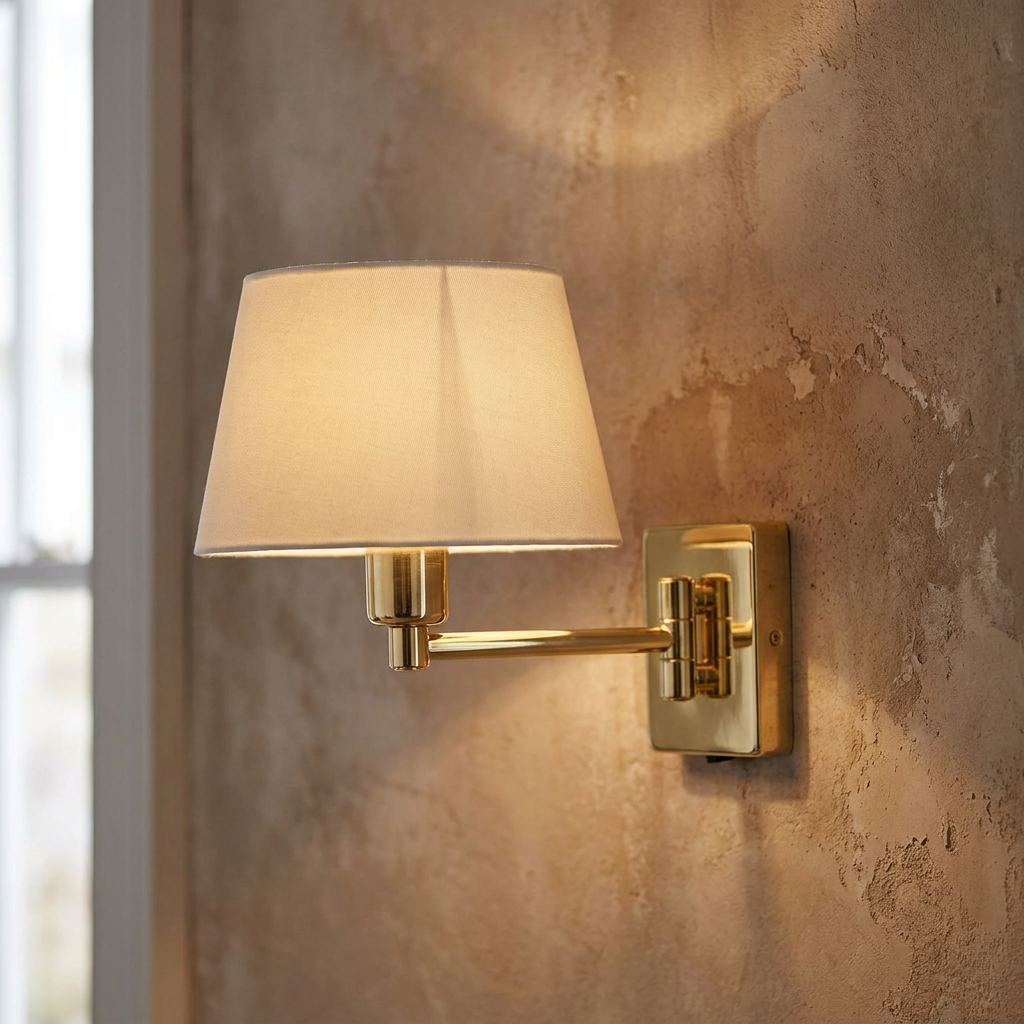 Armada polished brass single swing arm wall light with a cream fabric shade mounted on a textured wall.