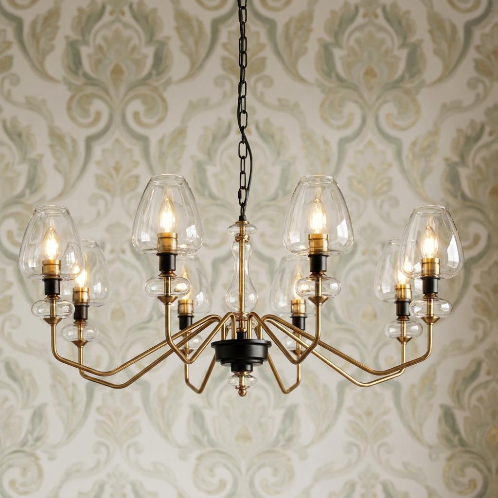 Eight-light aged brass chandelier with clear glass shades against damask wallpaper.