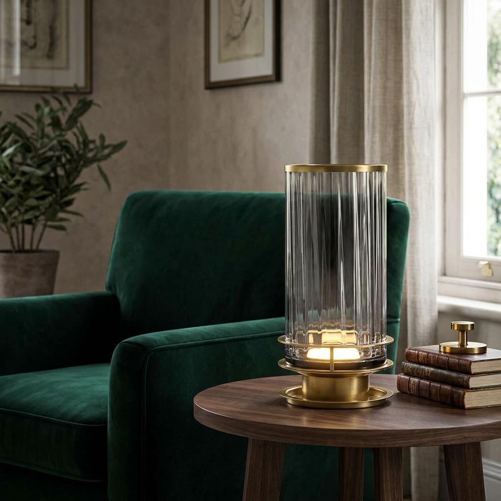 Cylindrical smoked glass table lamp with brass trim on a wooden side table next to a green velvet armchair.