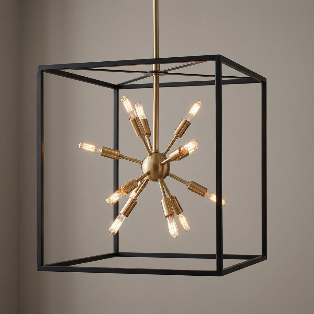 Aros 12 light brass sputnik pendant chandelier inside a large black open cubic frame against a neutral wall.
