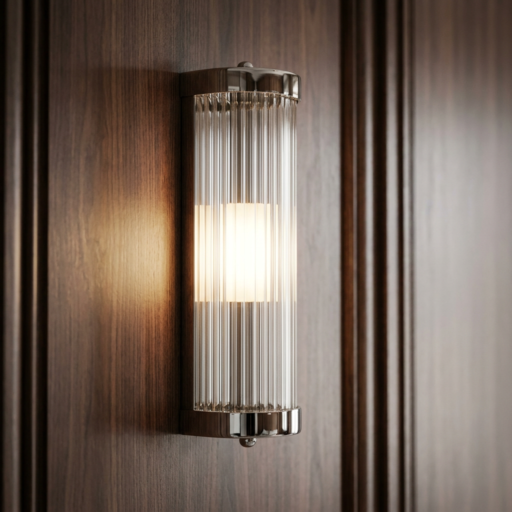 Art Deco chrome wall light with vertical reeded glass, illuminated against dark wood paneling.