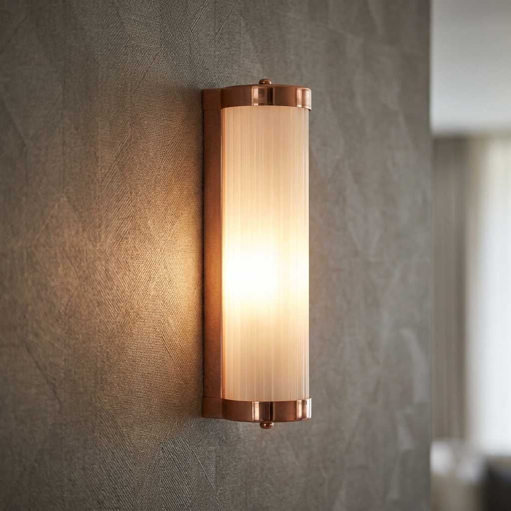Art Deco copper wall light with a reeded glass cylinder, glowing warmly against a textured wallpapered wall.