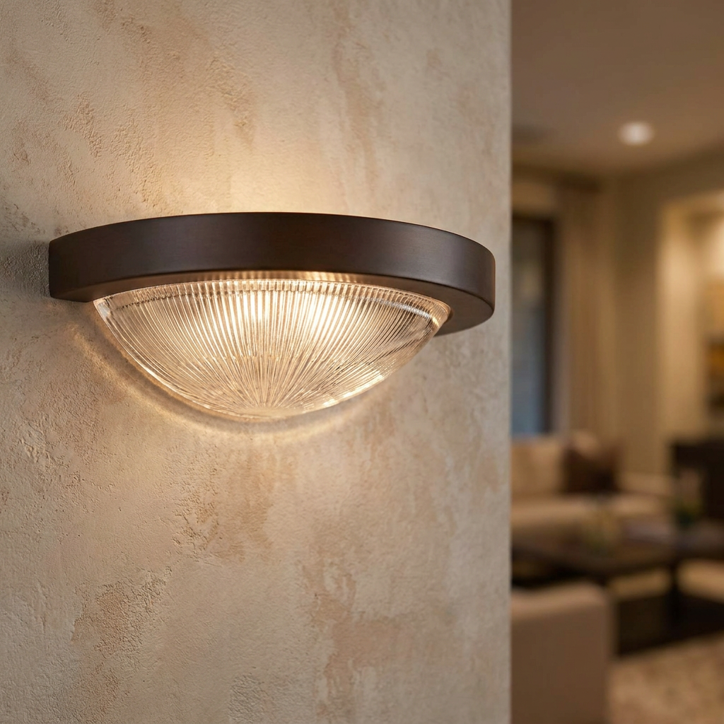 Art Deco wall light with a dark bronze rim and ribbed glass dish, glowing on a textured beige wall.