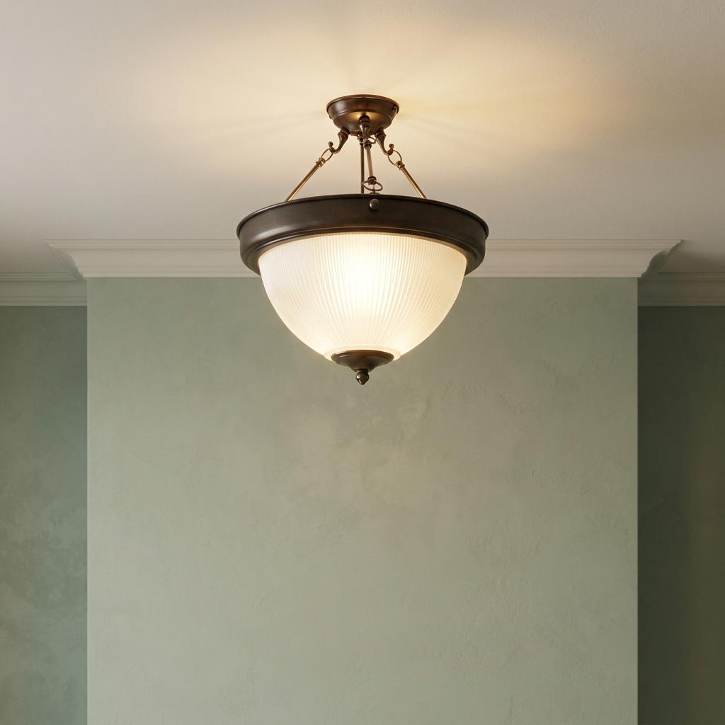Art Deco prismatic dome ceiling light with a bronze finish illuminated against a sage green wall.