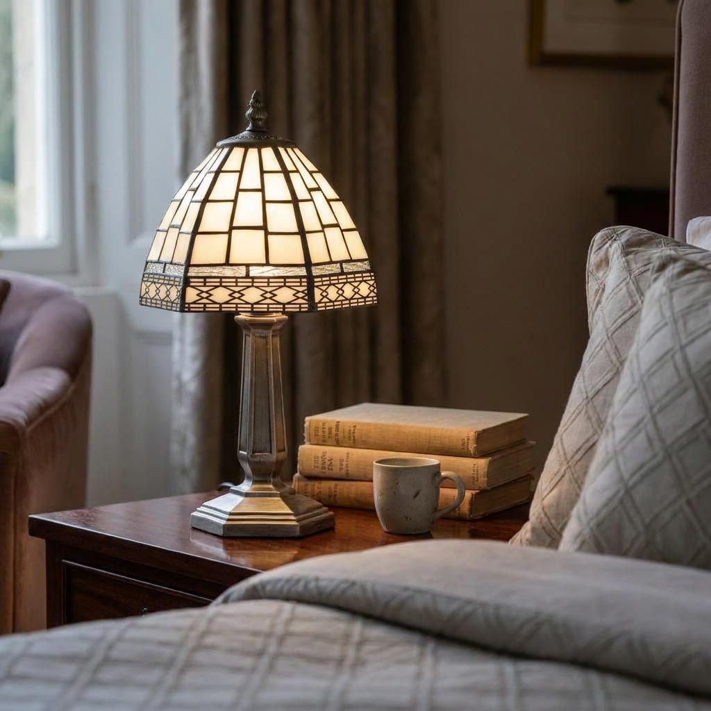 Art Deco Tiffany white and silver bedside lamp glowing on a wooden table next to books and a bed.