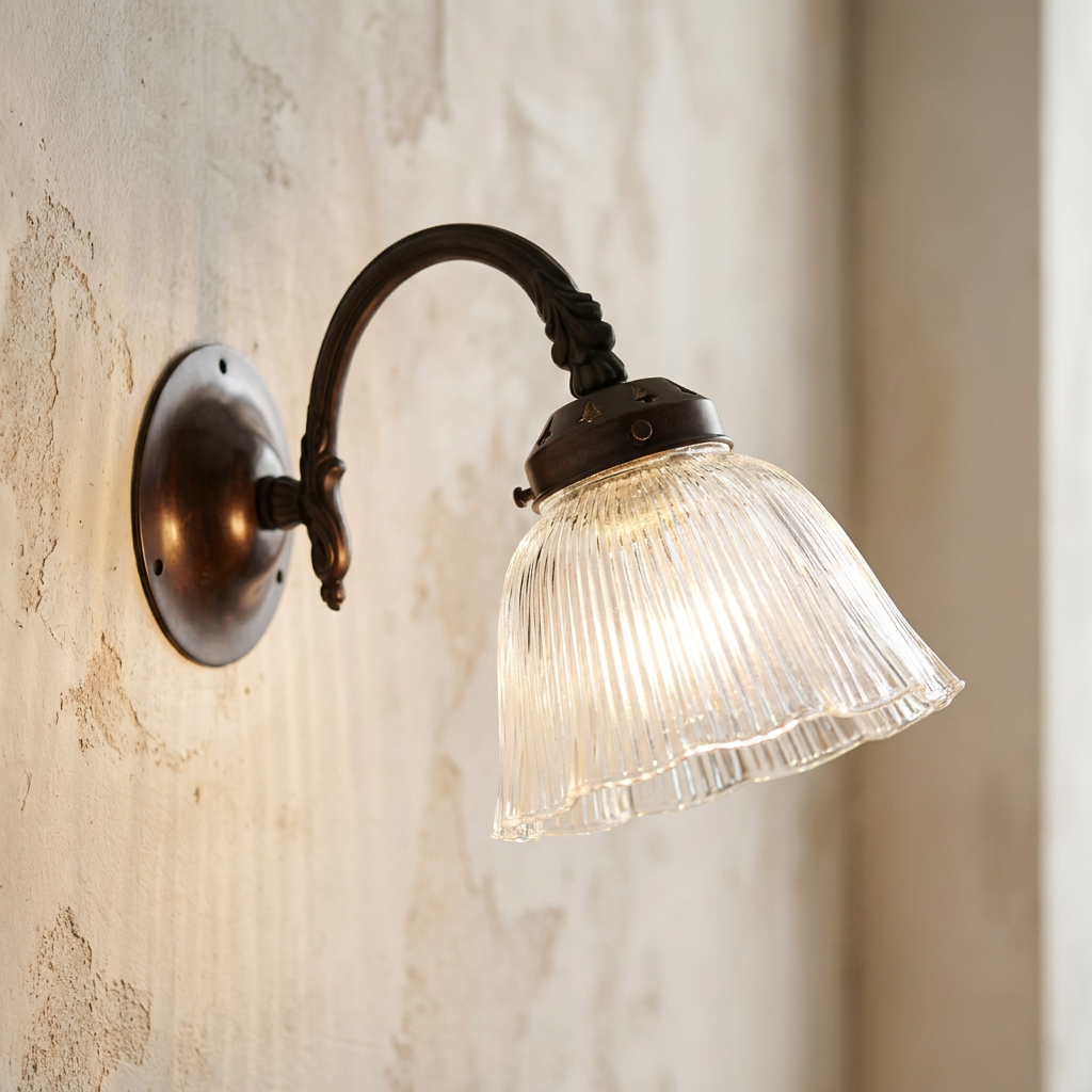 Bronze swan-neck wall light with a fluted glass bell shade mounted on a textured plaster wall.