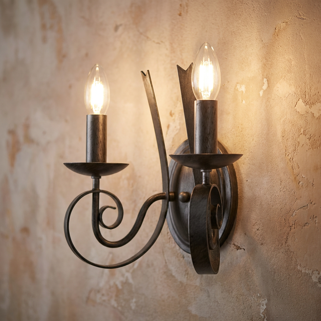 Arundel two-light wall sconce in silver brushed black with lit candle bulbs against a textured beige wall.