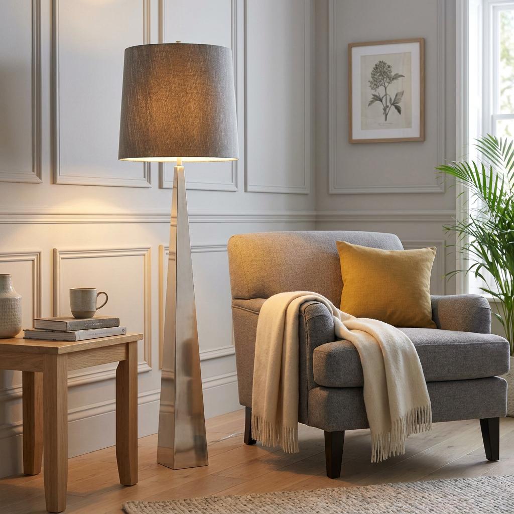 Modern polished nickel floor lamp with a dark grey shade beside a grey armchair in a living room.