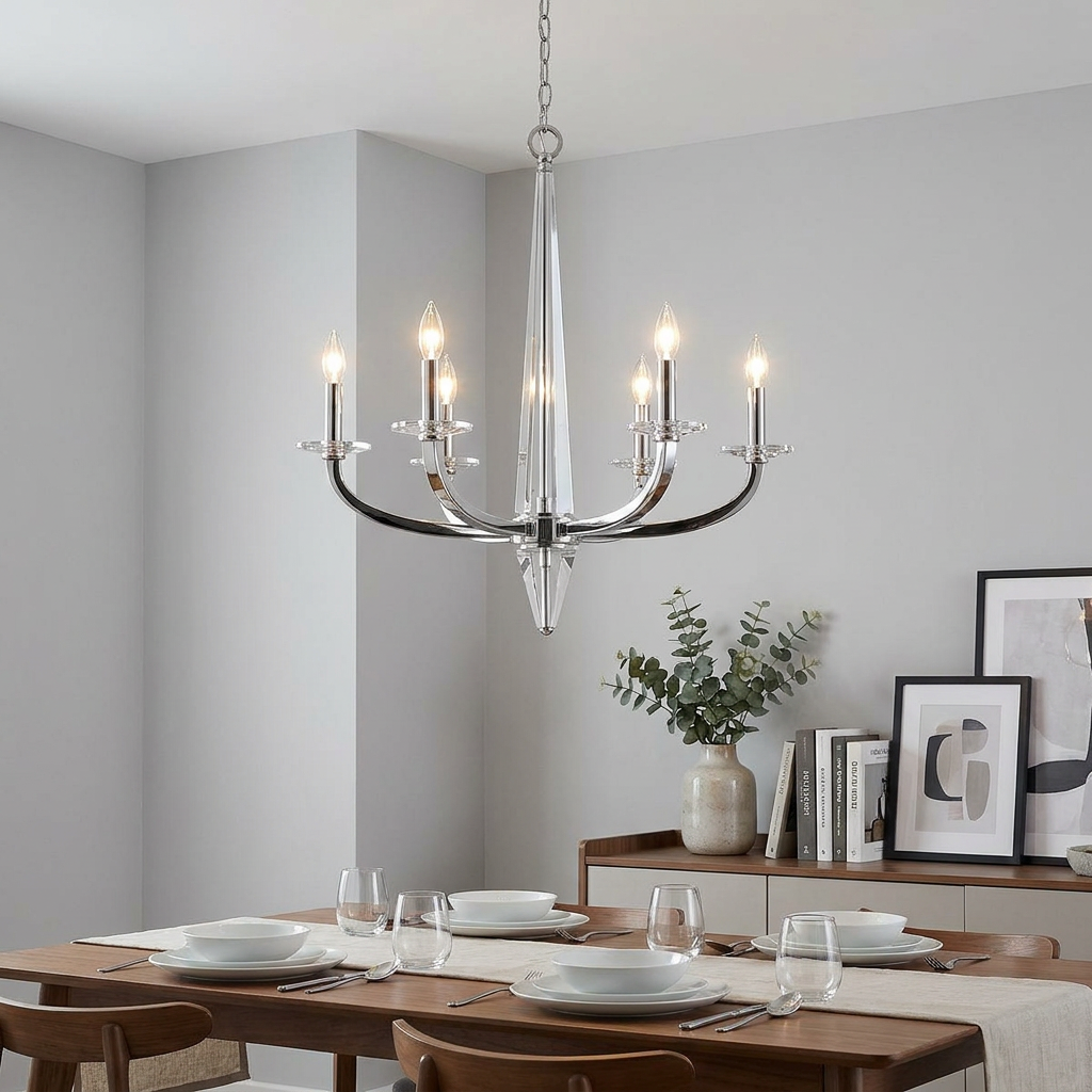 Polished nickel six-light chandelier with crystal accents hanging above a set wooden dining table.