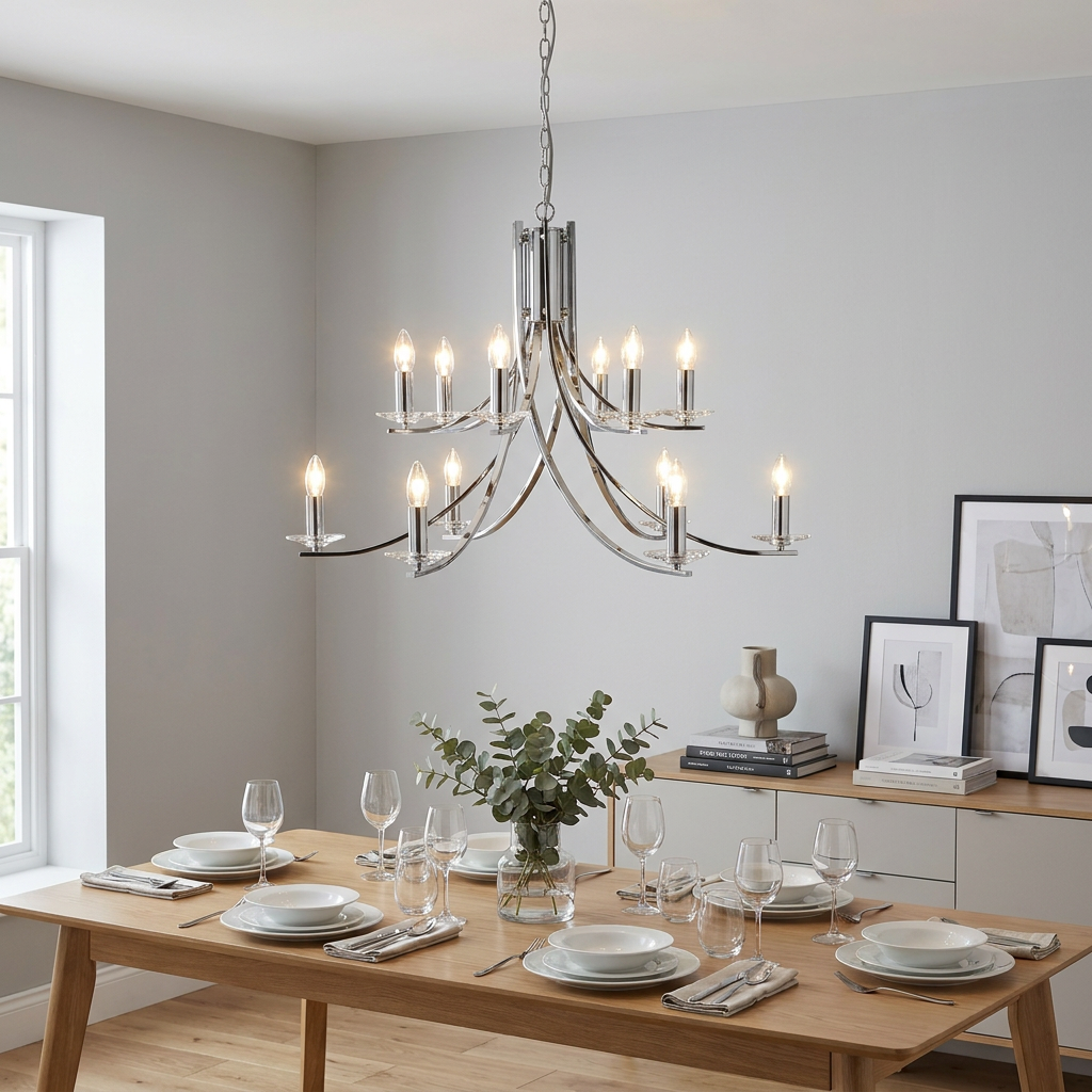 Modern 12-light chrome chandelier with glass sconces hanging over a set wooden dining table in a bright room.