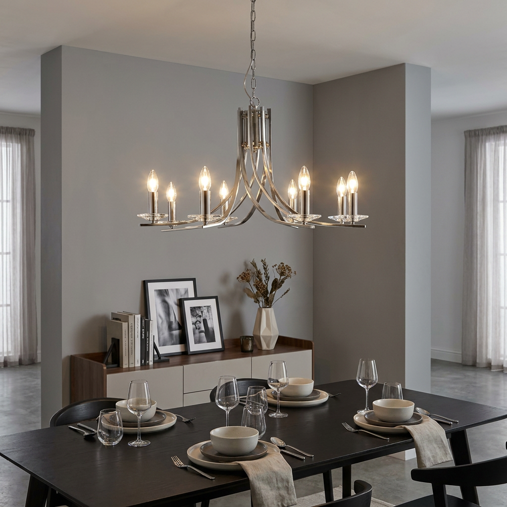 Ascona 8-light satin silver chandelier with glass sconces hanging over a modern set dining table in a neutral room.