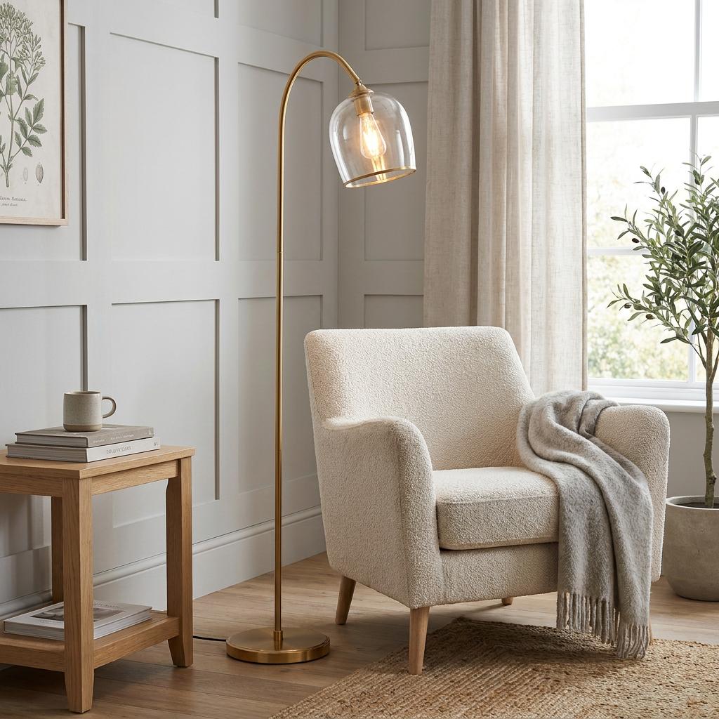 Ashcroft brass floor lamp with a clear glass shade standing over a white bouclé armchair in a neutral living room.