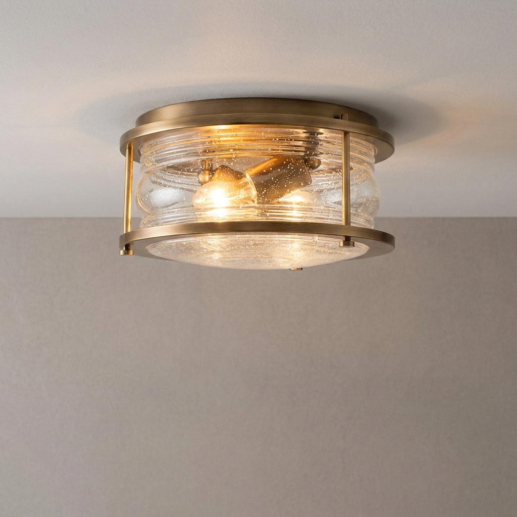 Ashland Bay brass flush bathroom ceiling light with a seeded glass shade and warm glowing bulbs.