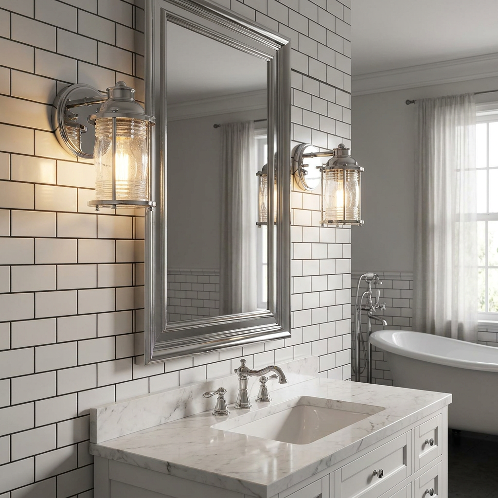Two nautical-style polished chrome wall lights with seeded glass shades flanking a bathroom mirror.