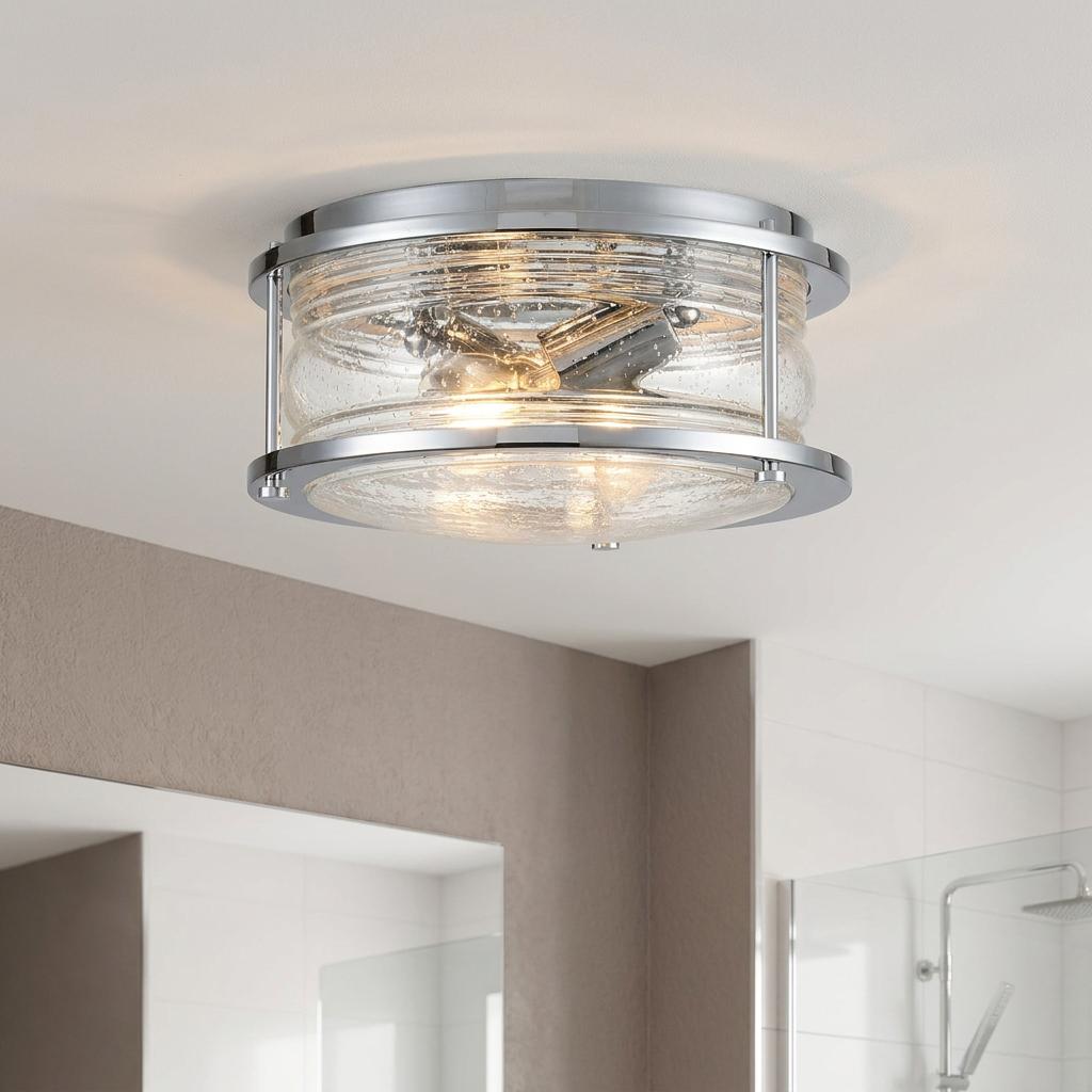 Ashland Bay polished chrome flush ceiling light with seeded glass shade in a modern bathroom.