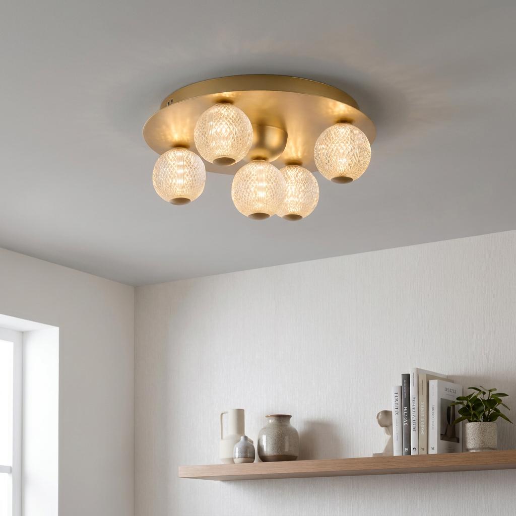 Gold flush ceiling light with five textured glass globes illuminating a room above a wooden shelf.