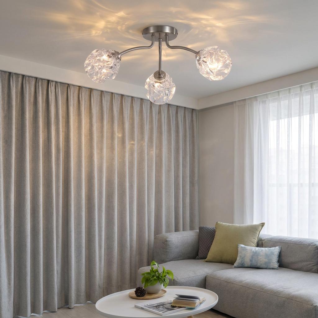 Satin nickel 3-light ceiling fixture with textured glass shades illuminating a modern living room with grey curtains.