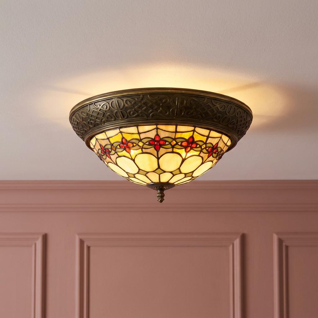 Atlantic Tiffany flush ceiling light with floral stained glass shade and bronze rim on a white ceiling.