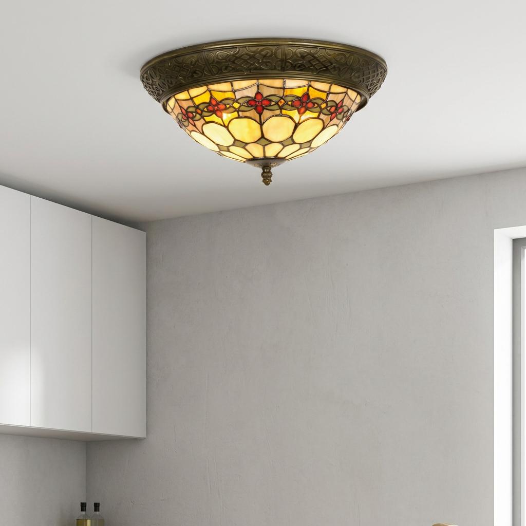 Atlantic Tiffany flush ceiling light with yellow and red stained glass in a kitchen setting.