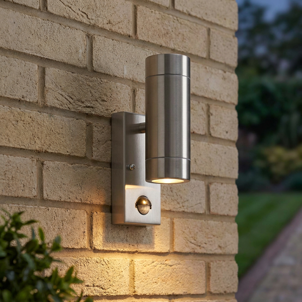 Cylindrical stainless steel outdoor wall light with a PIR motion sensor mounted on a light-colored brick wall.