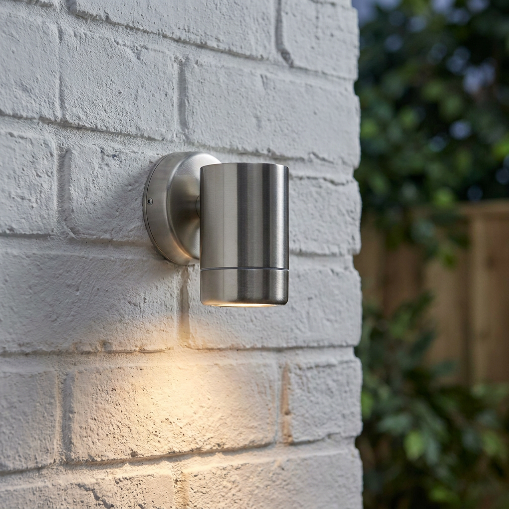 Modern silver cylindrical LED downlight mounted on a white brick wall, illuminating the surface below.