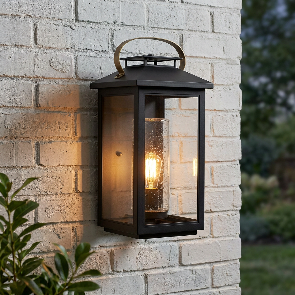 Atwater large black outdoor wall lantern with gold handle and seeded glass glowing on a white brick wall.