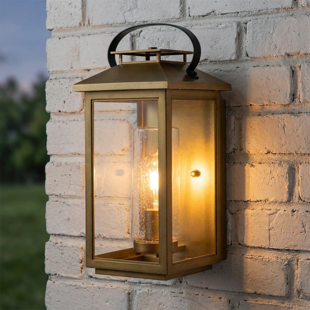 Atwater brass outdoor lantern with a seeded glass sleeve glowing on a white brick wall.