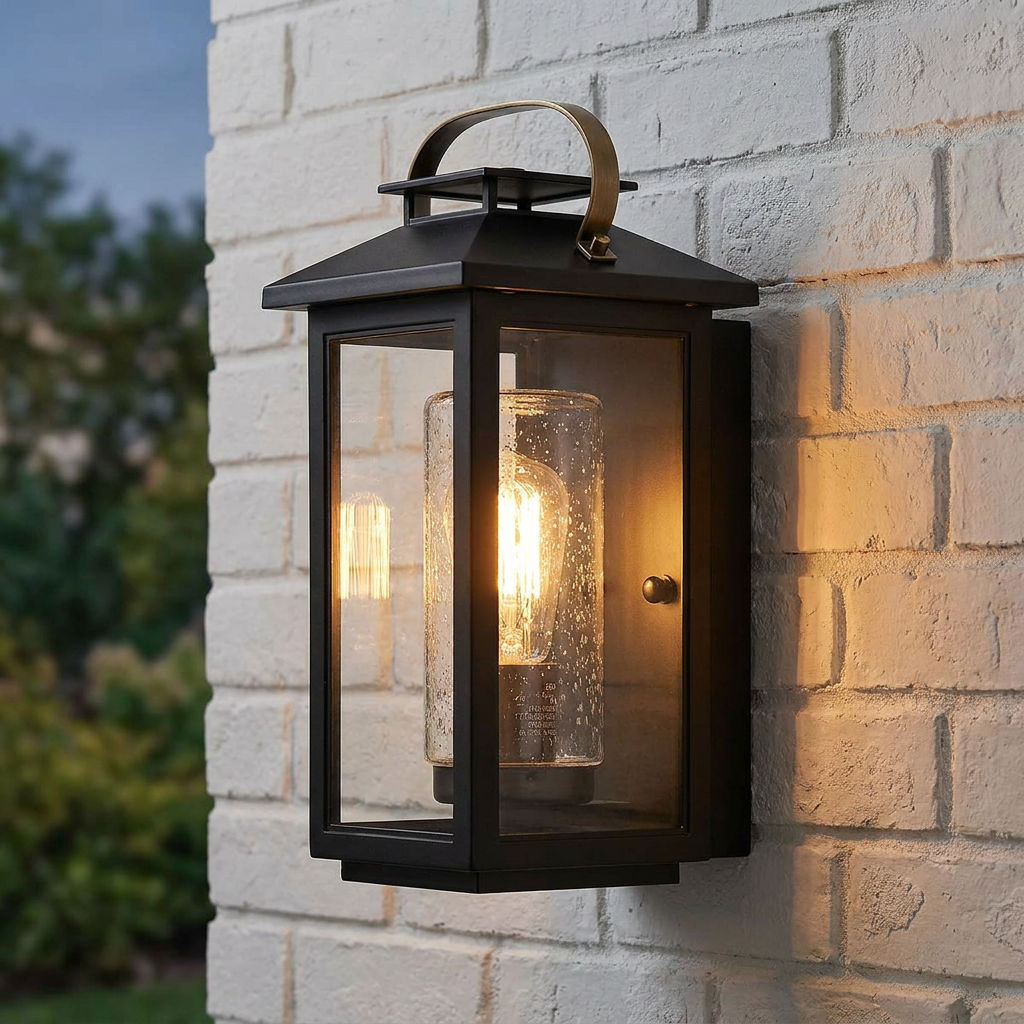 Atwater black outdoor wall lantern with a seeded glass cylinder and brass handle mounted on a white brick wall.
