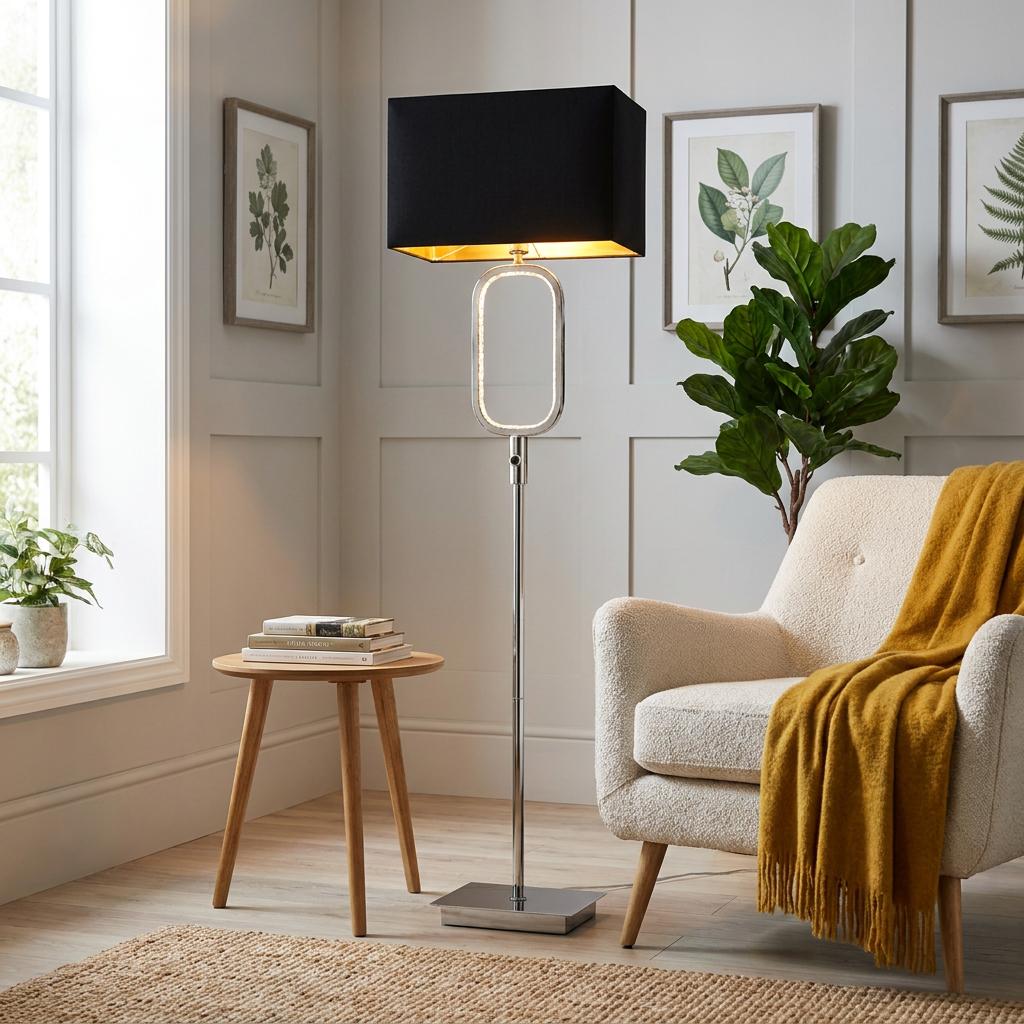 Aura chrome floor lamp with a black rectangular shade and illuminated oval loop, positioned next to a white armchair.