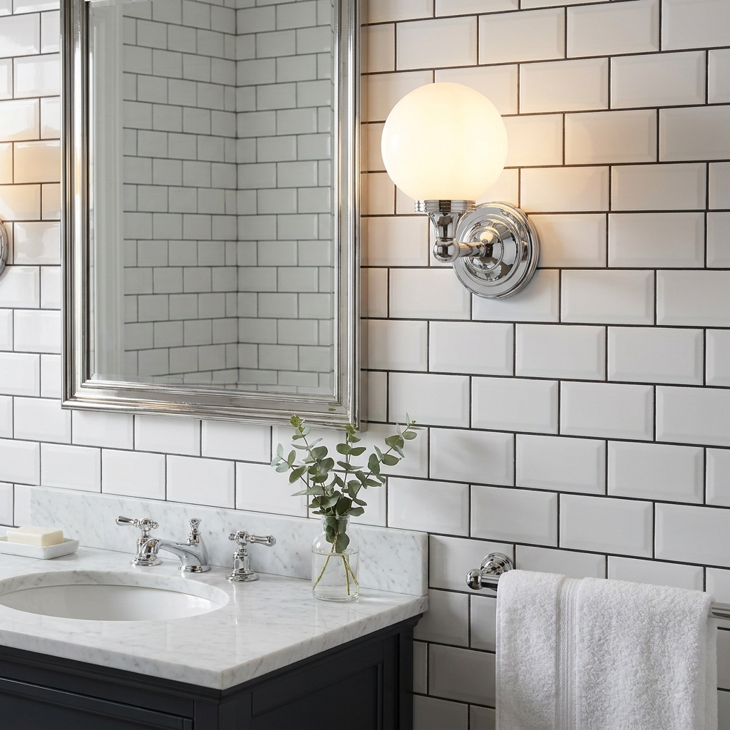 Austen 1 Light Chrome Bathroom Wall Light with a white opal globe shade on a white subway tiled wall near a mirror.