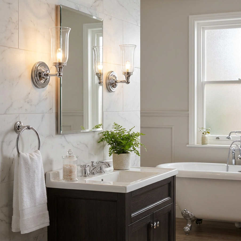 Polished chrome wall lights with bell glass shades on a marble wall flanking a bathroom vanity mirror.