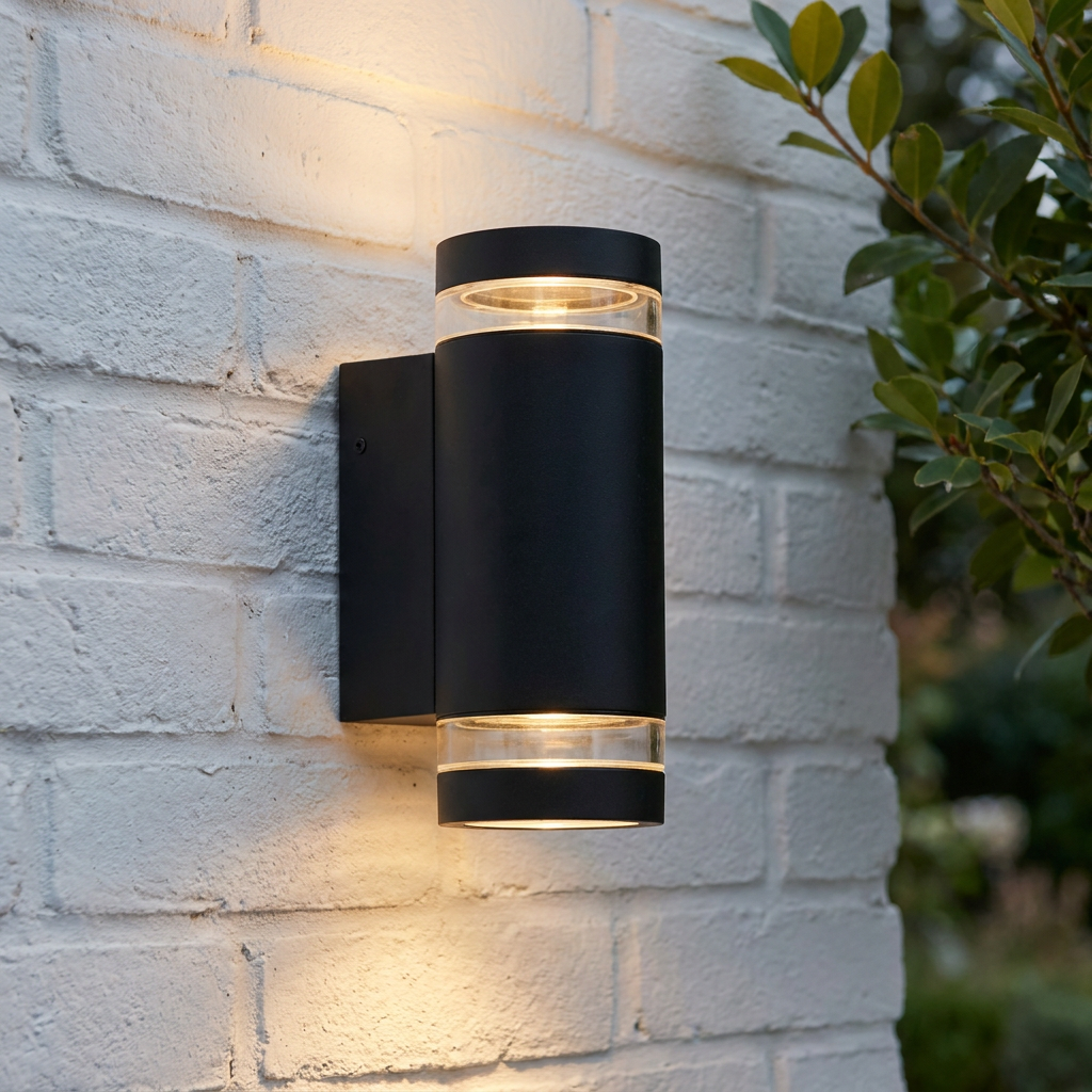 Modern black cylindrical up-down wall light mounted and lit on a white brick exterior wall.