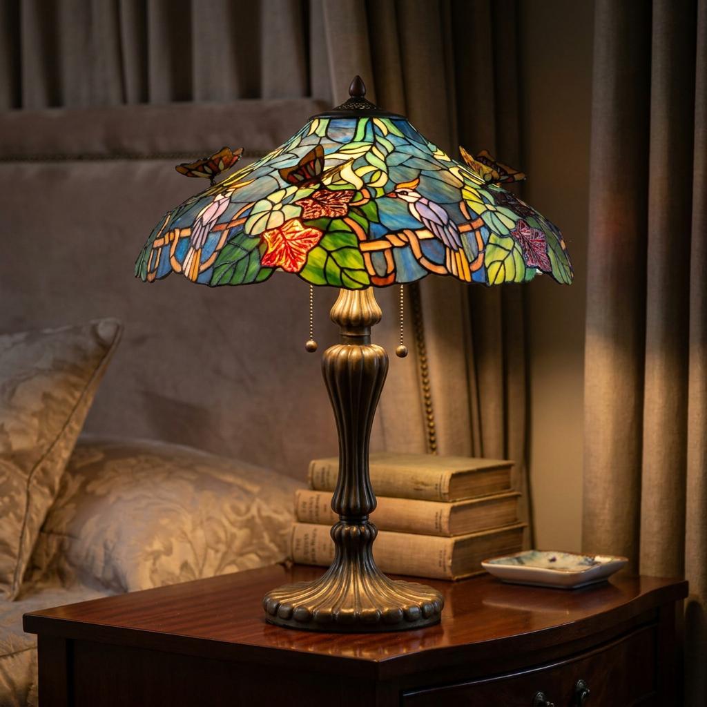 Tiffany table lamp with a bird and leaf stained glass shade on a bronze base, illuminating a bedside table.